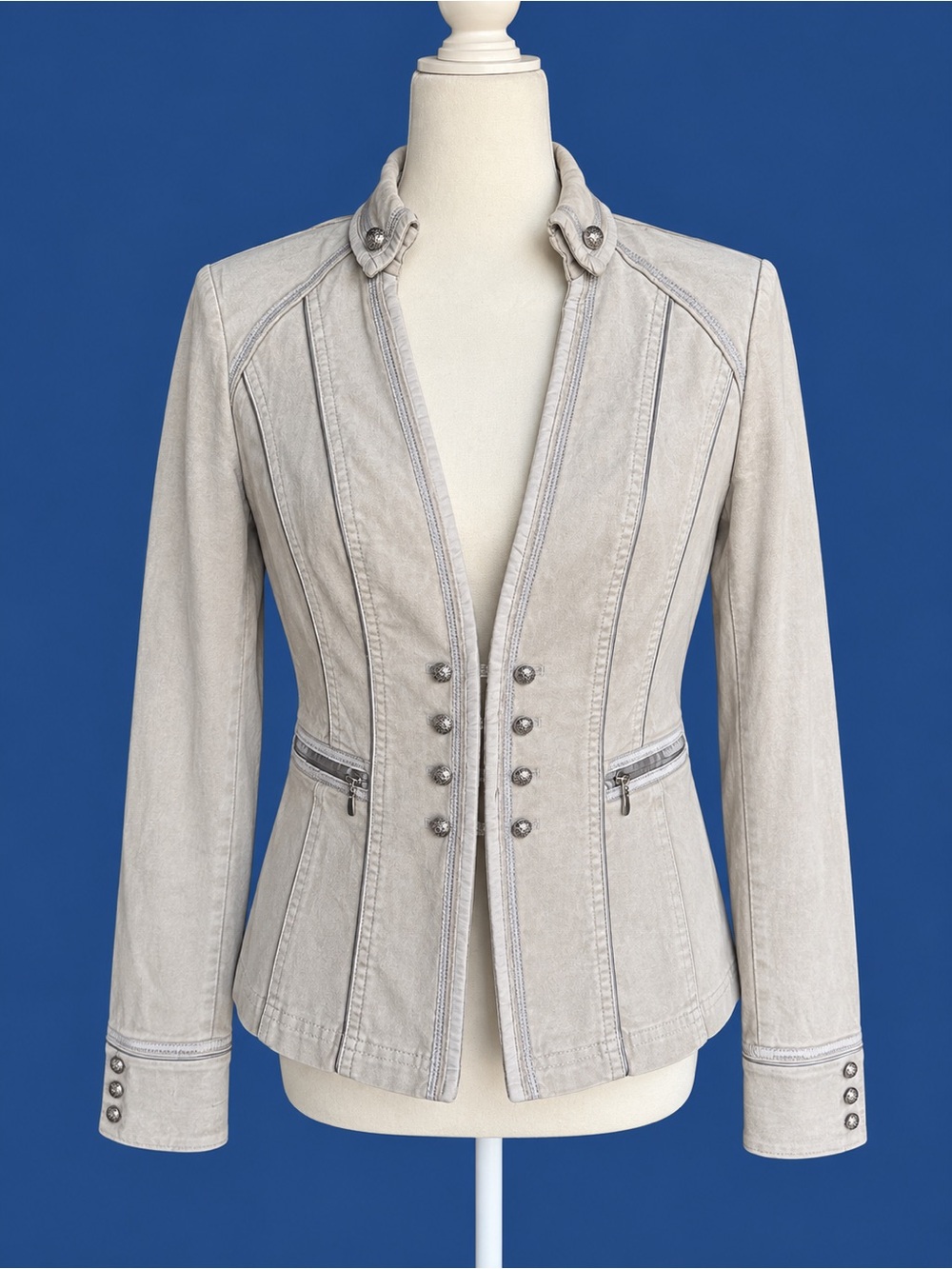 White House Black Market Silver Velvet Military-Style Button Blazer